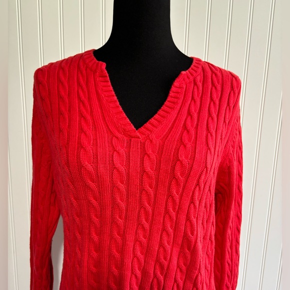 LL Bean Red Cable Knit Sweater Women’s Size Large V Neck Cotton - Picture 3 of 13